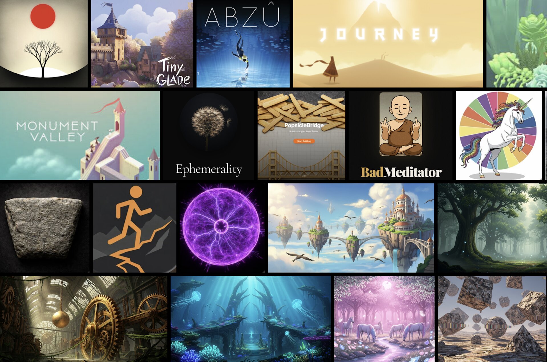 A vivid montage of contemplative games: BadMeditator, LandArt Studio, PopsicleBridge, Prune, Trail Torment, PassTheStory, Sensorium, Tiny Glade, ABZU, Journey, Monument Valley, Townscaper, Flower, Clearing, Ephemerality, BreathCube, Viridi